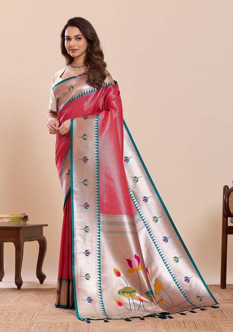 Dark Pink Floral Print Silk Saree Set - Indya