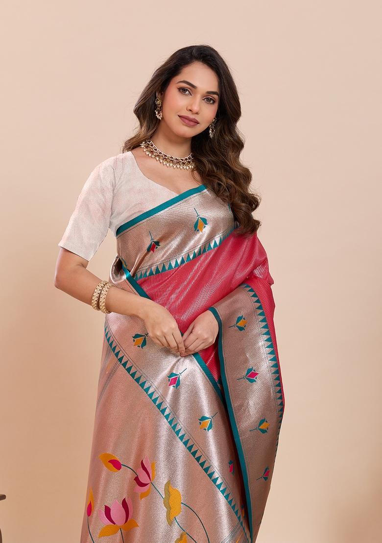 Dark Pink Floral Print Silk Saree Set - Indya