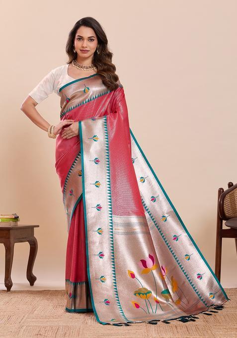 Dark Pink Floral Print Silk Saree Set