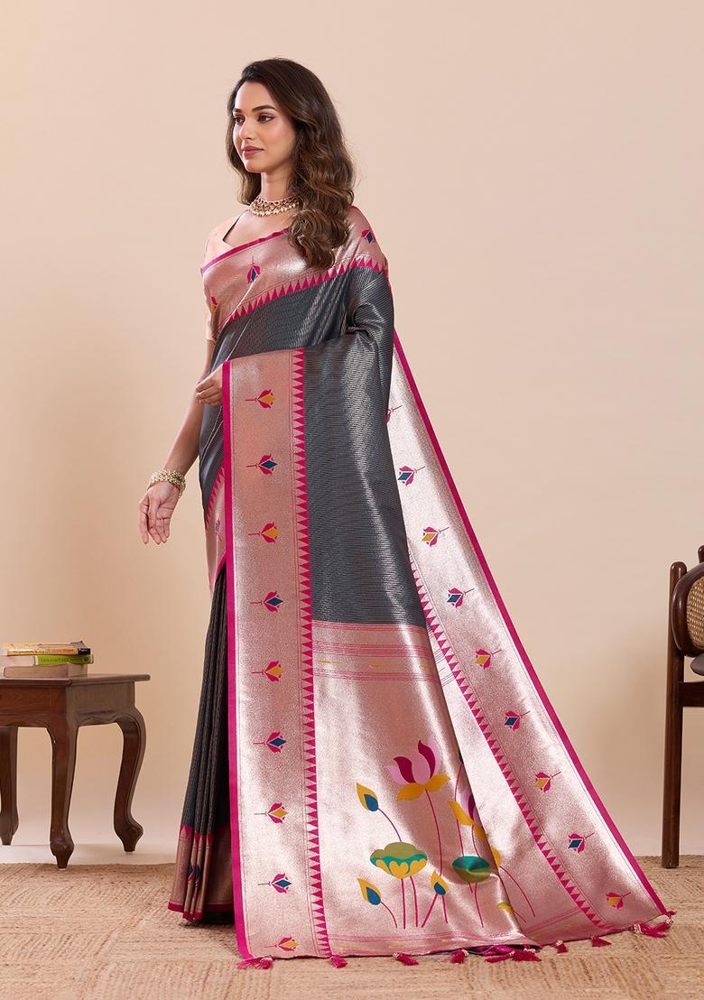 Grey Floral Print Silk Saree Set - Indya