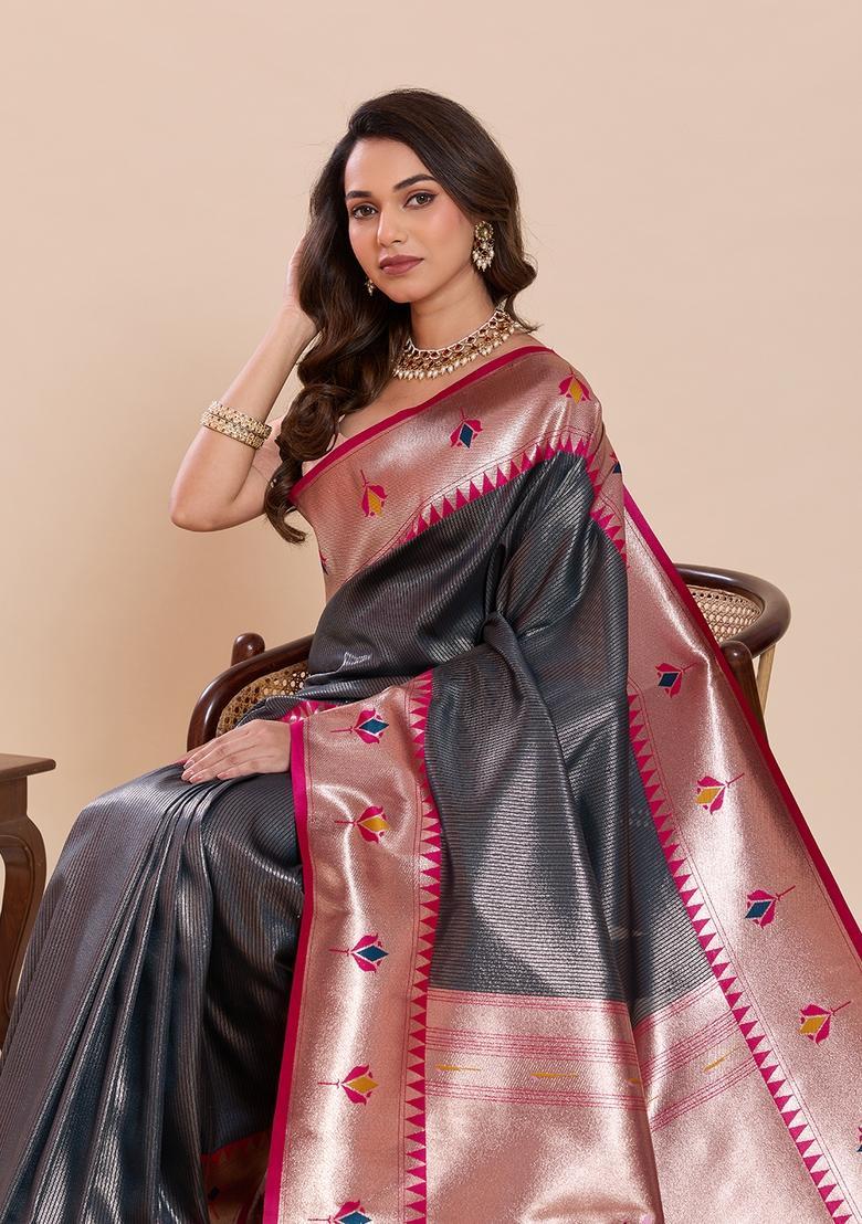 Grey Floral Print Silk Saree Set - Indya