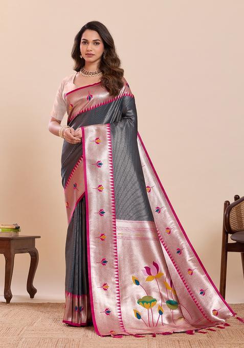 Grey Floral Print Silk Saree Set