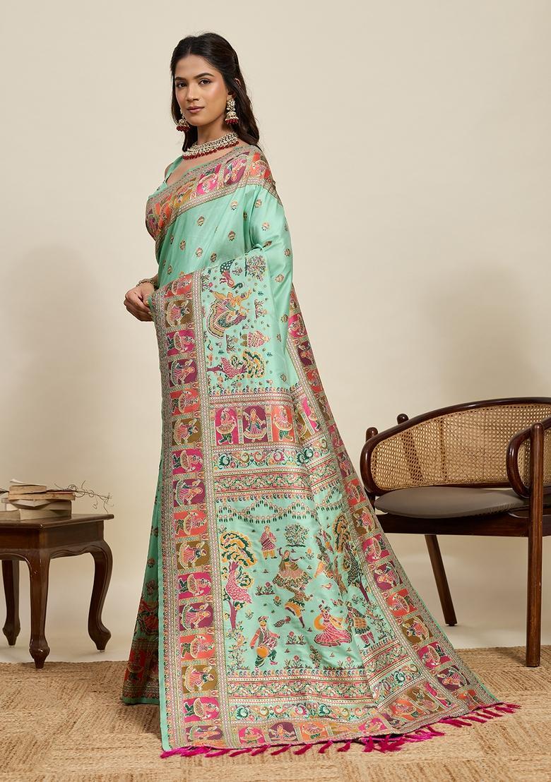 Sea Green Kalamkari Silk Saree Set - Indya
