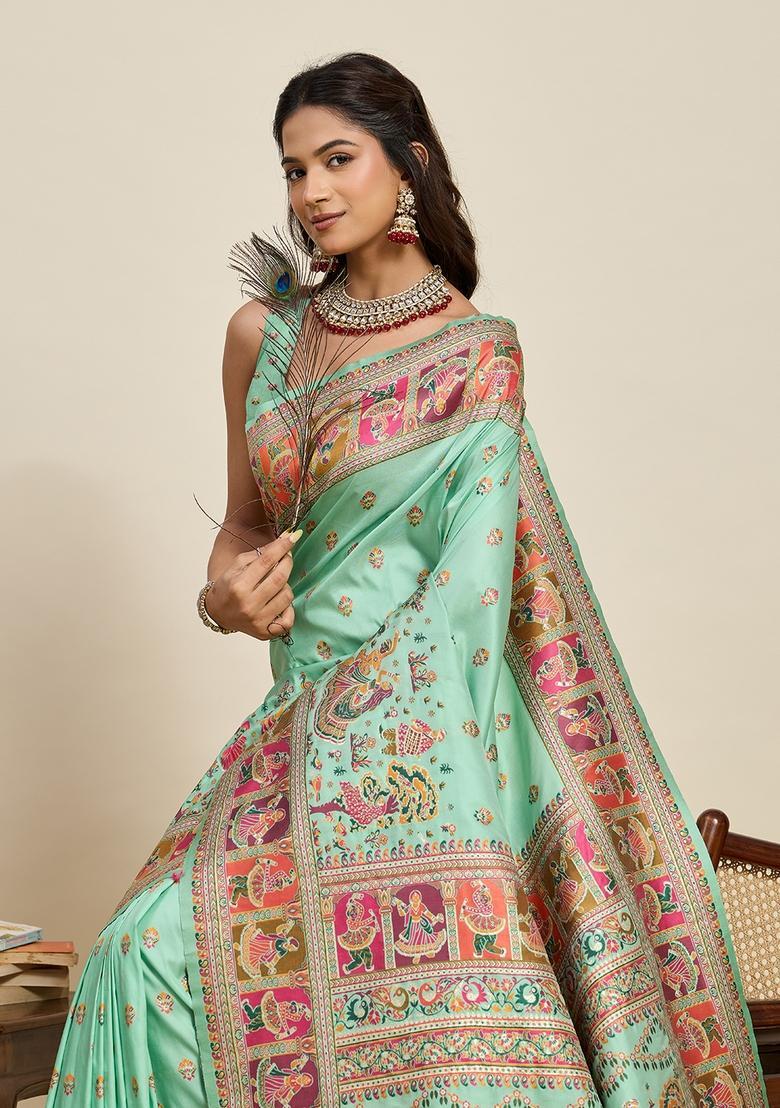 Sea Green Kalamkari Silk Saree Set - Indya