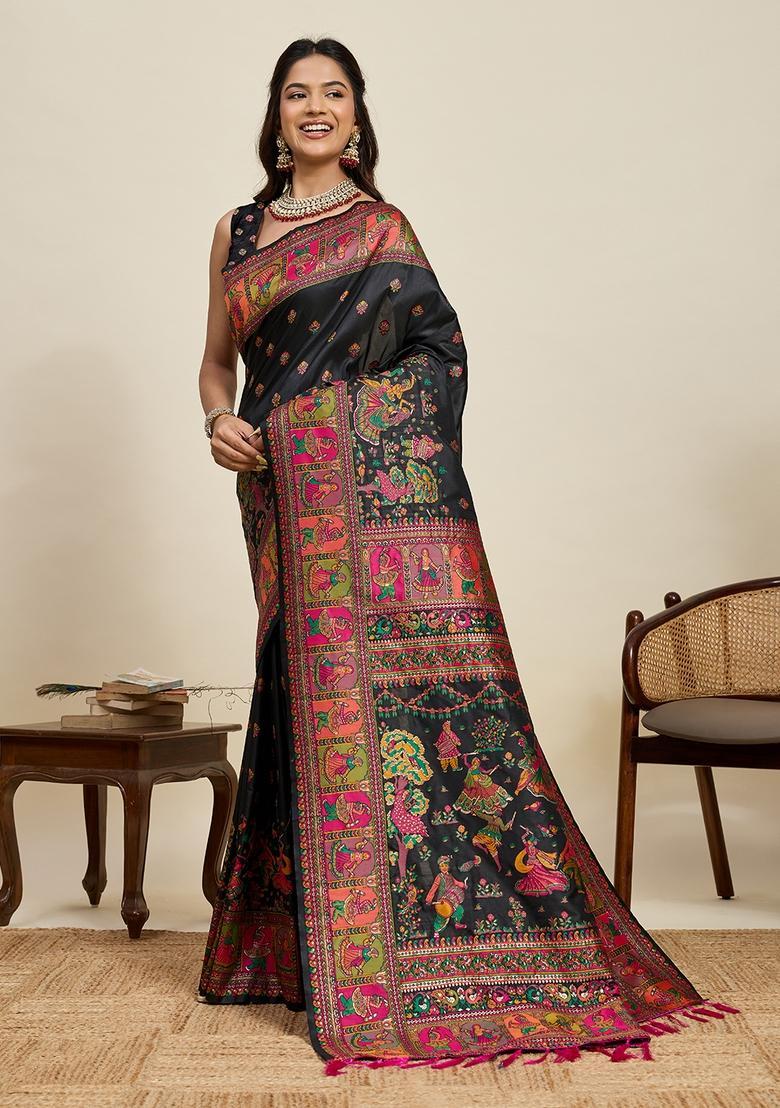 Black Kalamkari Silk Saree Set - Indya
