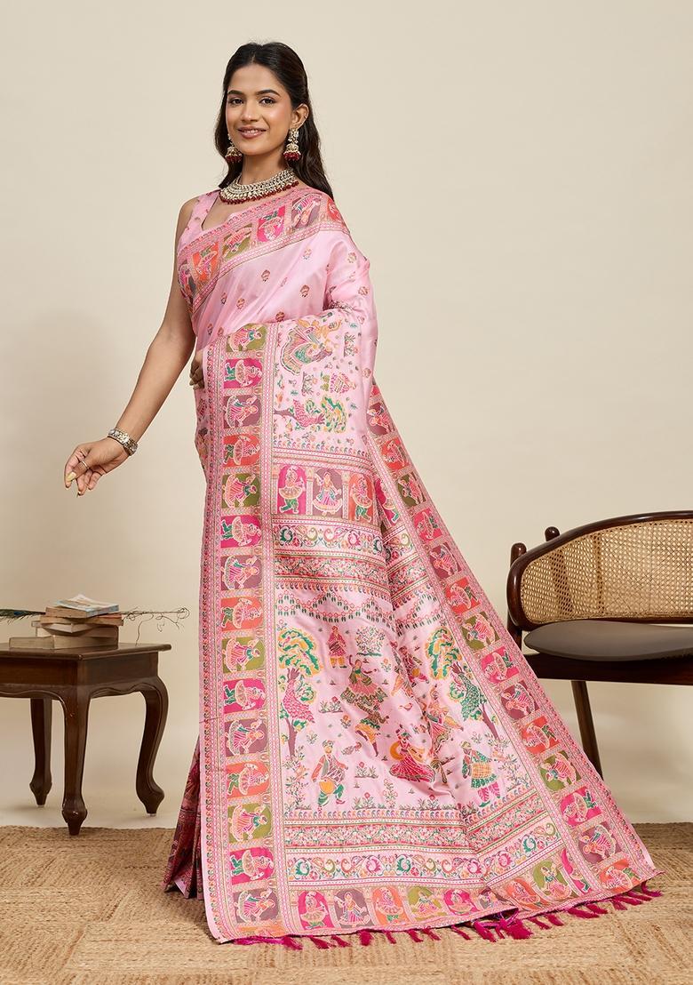 Pink Kalamkari Silk Saree Set - Indya