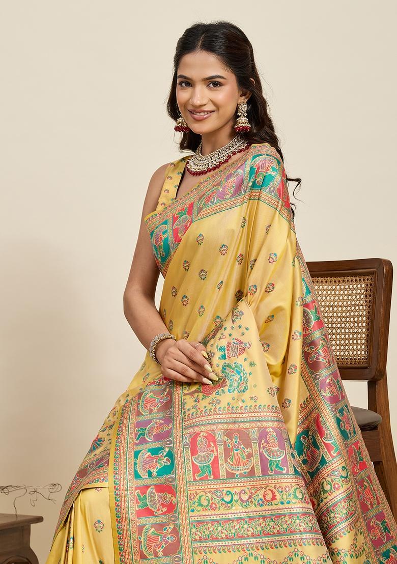 Yellow Kalamkari Silk Saree Set - Indya