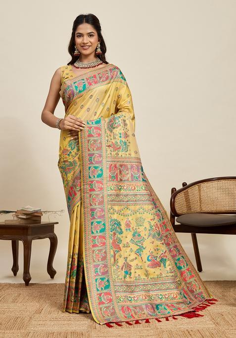 Yellow Kalamkari Silk Saree Set