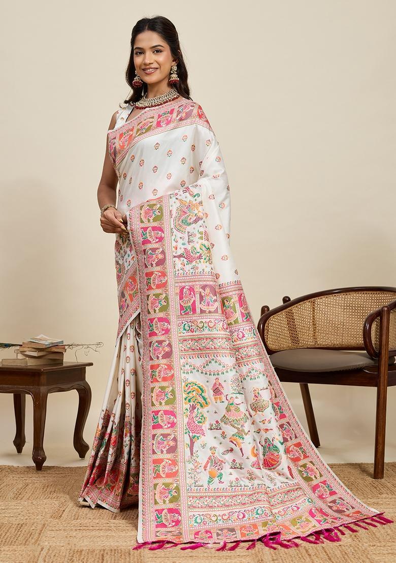 White Kalamkari Silk Saree Set - Indya