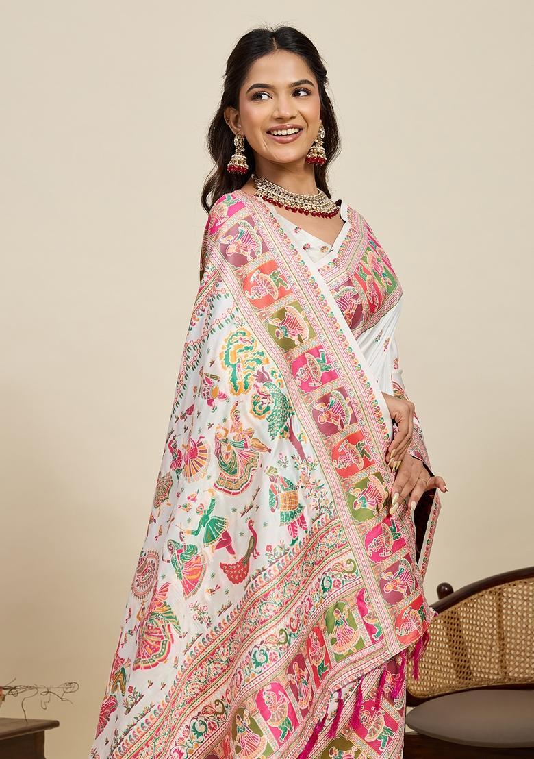 White Kalamkari Silk Saree Set - Indya