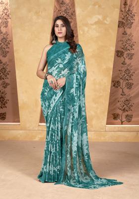 Teal Printed Georgette Saree Set