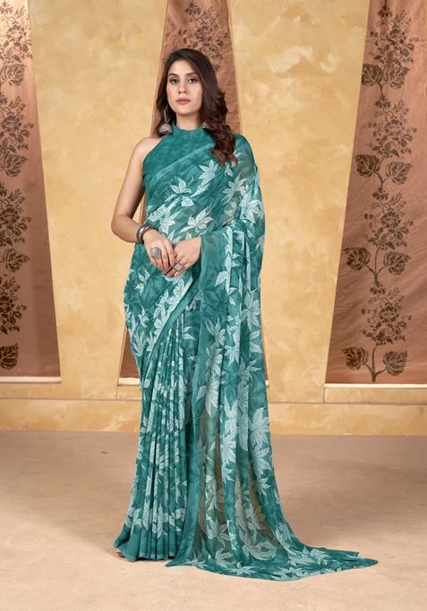Teal Printed Georgette Saree Set