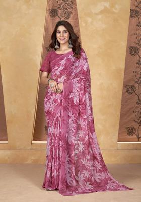 Pink Printed Georgette Saree Set