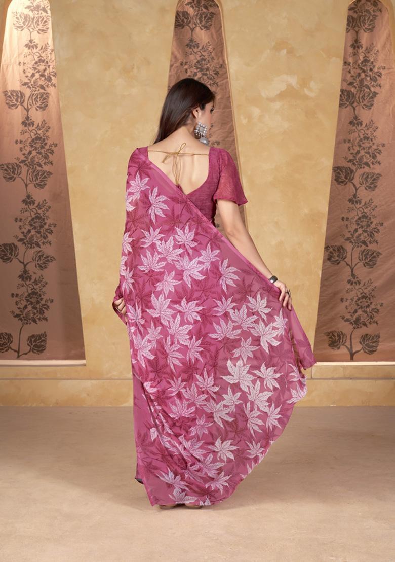 Pink Printed Georgette Saree Set - Indya