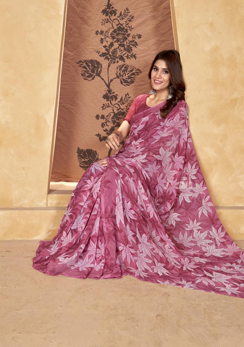 Pink Printed Georgette Saree Set - Indya