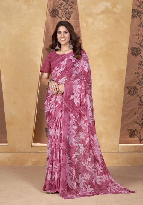Pink Printed Georgette Saree Set