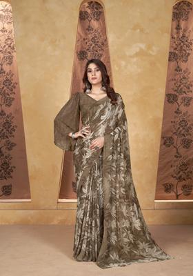 Brown Printed Georgette Saree Set