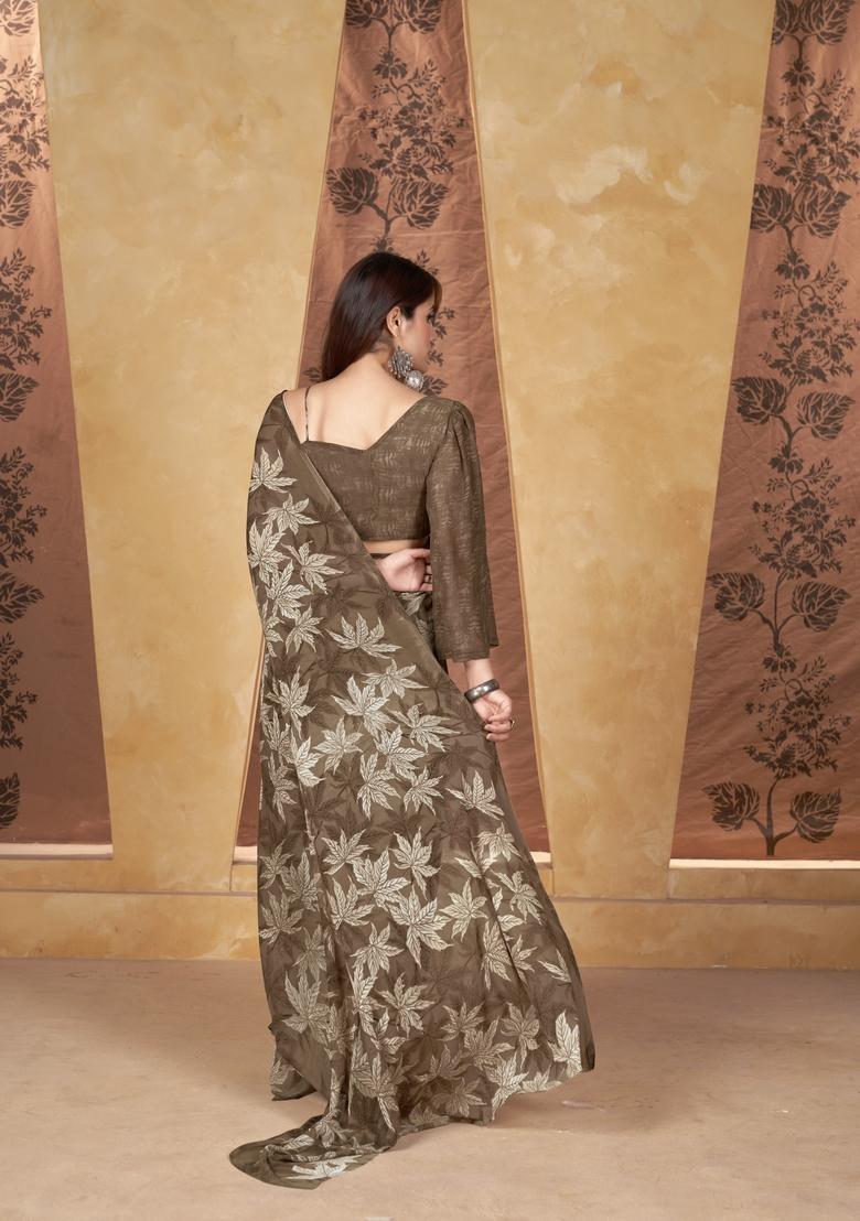 Brown Printed Georgette Saree Set - Indya