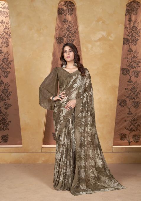 Brown Printed Georgette Saree Set