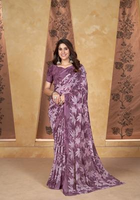 Purple Printed Georgette Saree Set