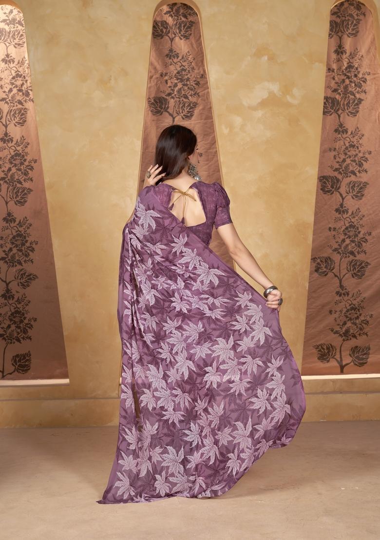 Purple Printed Georgette Saree Set - Indya