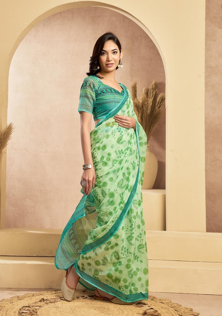 Green Printed Linen Saree Set - Indya