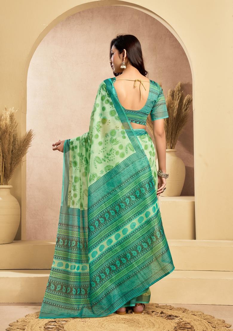 Green Printed Linen Saree Set - Indya