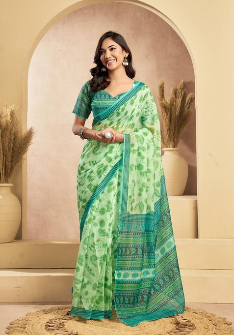 Green Printed Linen Saree Set