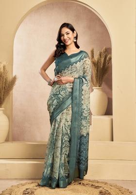 Teal Printed Linen Saree Set