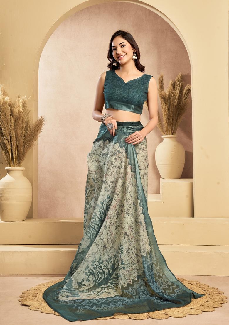 Teal Printed Linen Saree Set - Indya