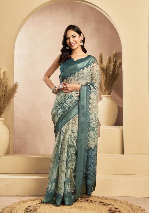Teal Printed Linen Saree Set