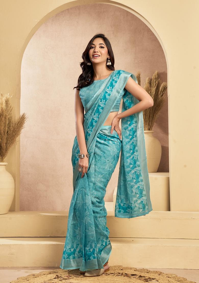 Blue Printed Linen Saree Set - Indya