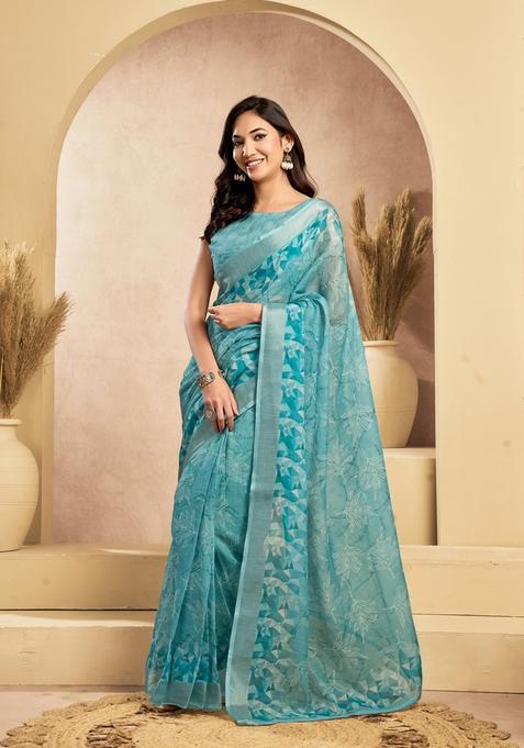 Blue Printed Linen Saree Set