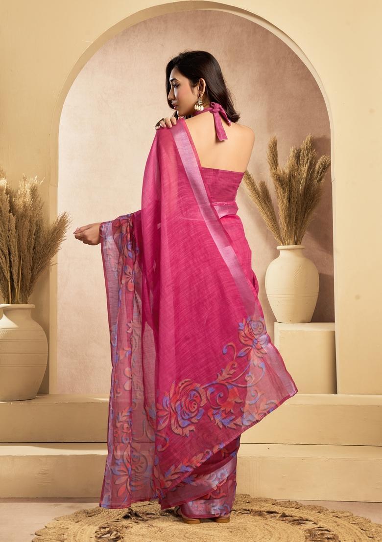 Pink Printed Linen Saree Set - Indya