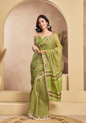 Green Printed Linen Saree Set