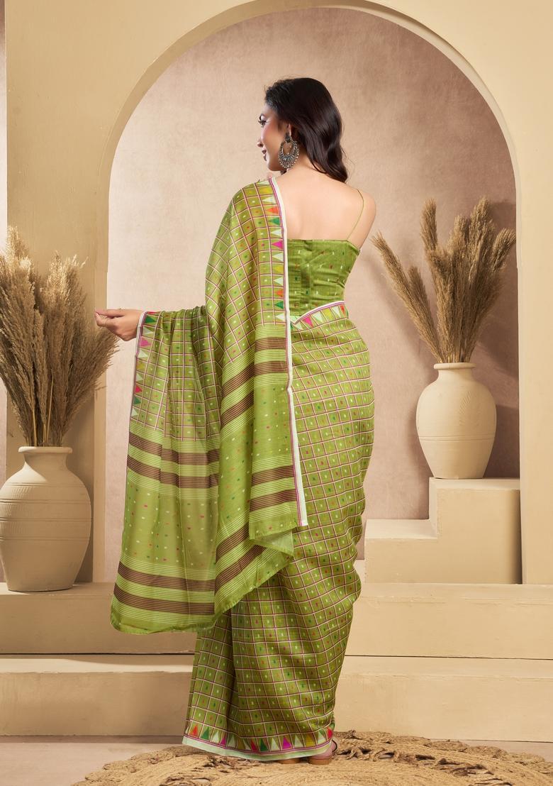 Green Printed Linen Saree Set - Indya