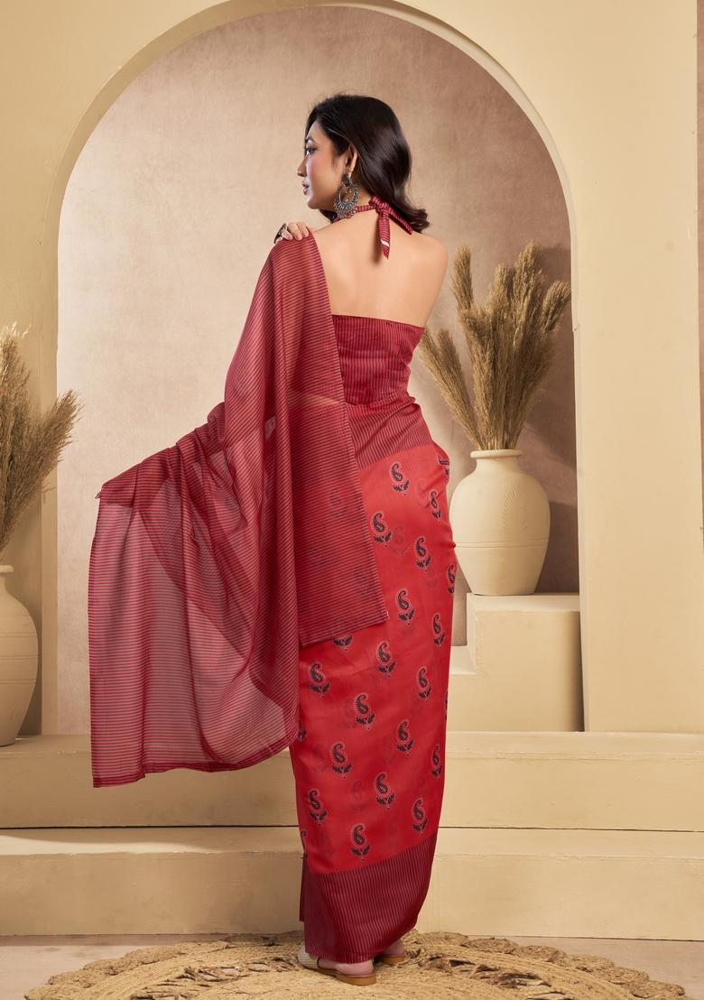 Maroon Printed Linen Saree Set - Indya