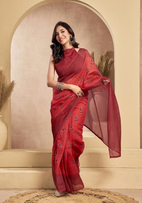 Maroon Printed Linen Saree Set