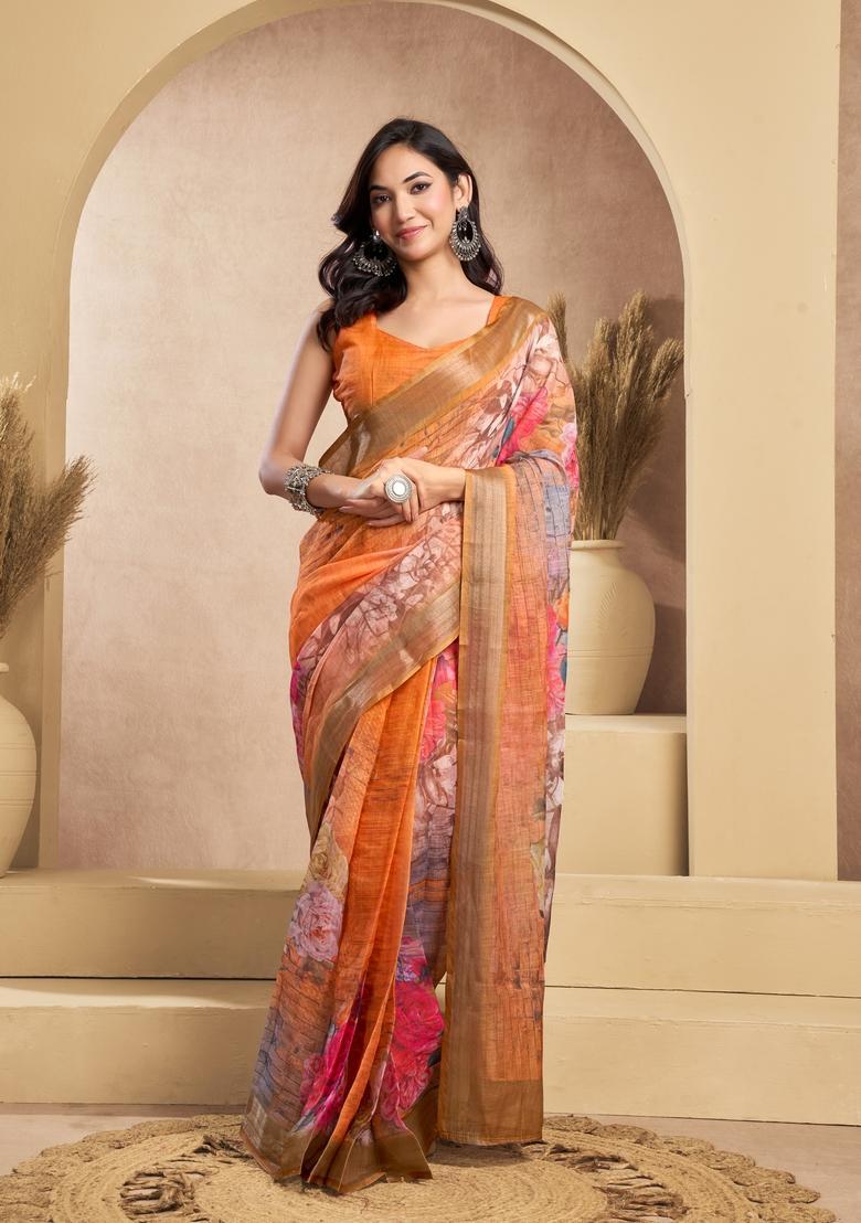 Orange Printed Linen Saree Set - Indya