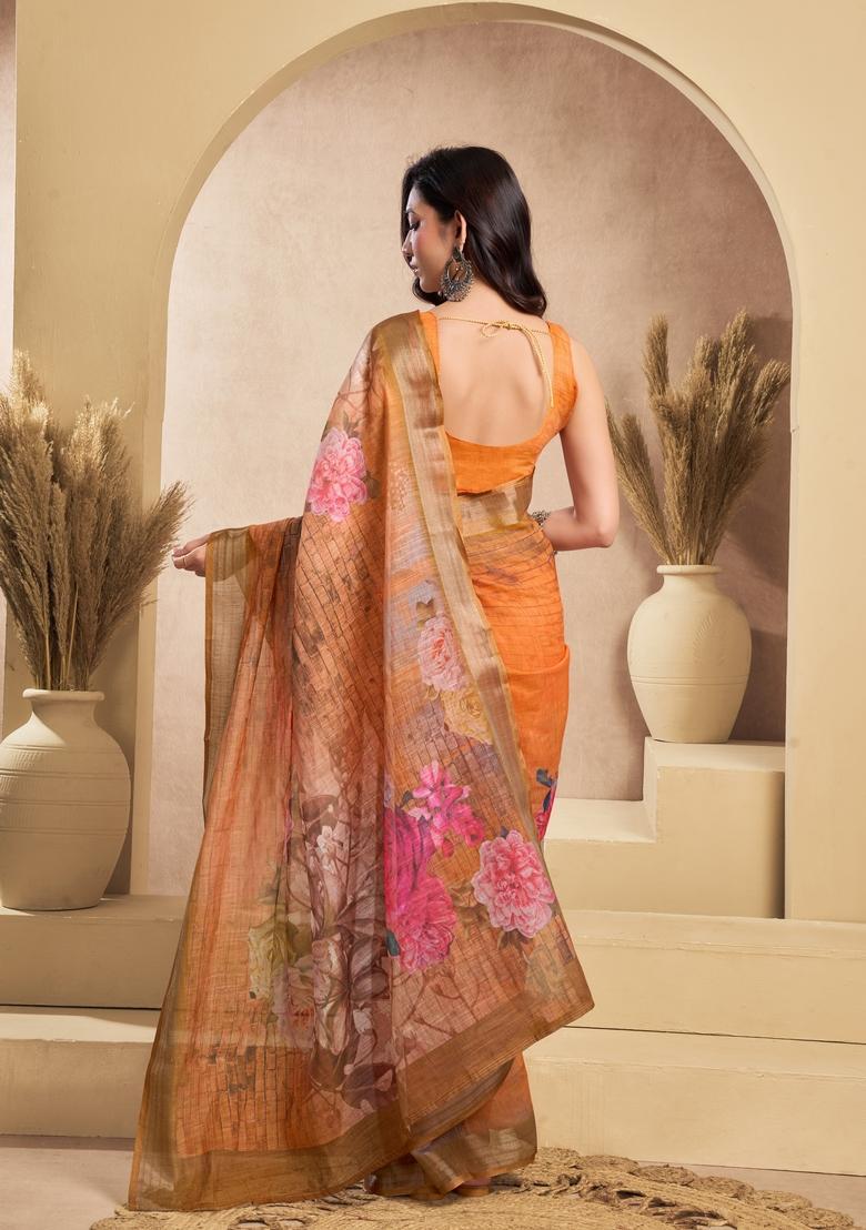 Orange Printed Linen Saree Set - Indya