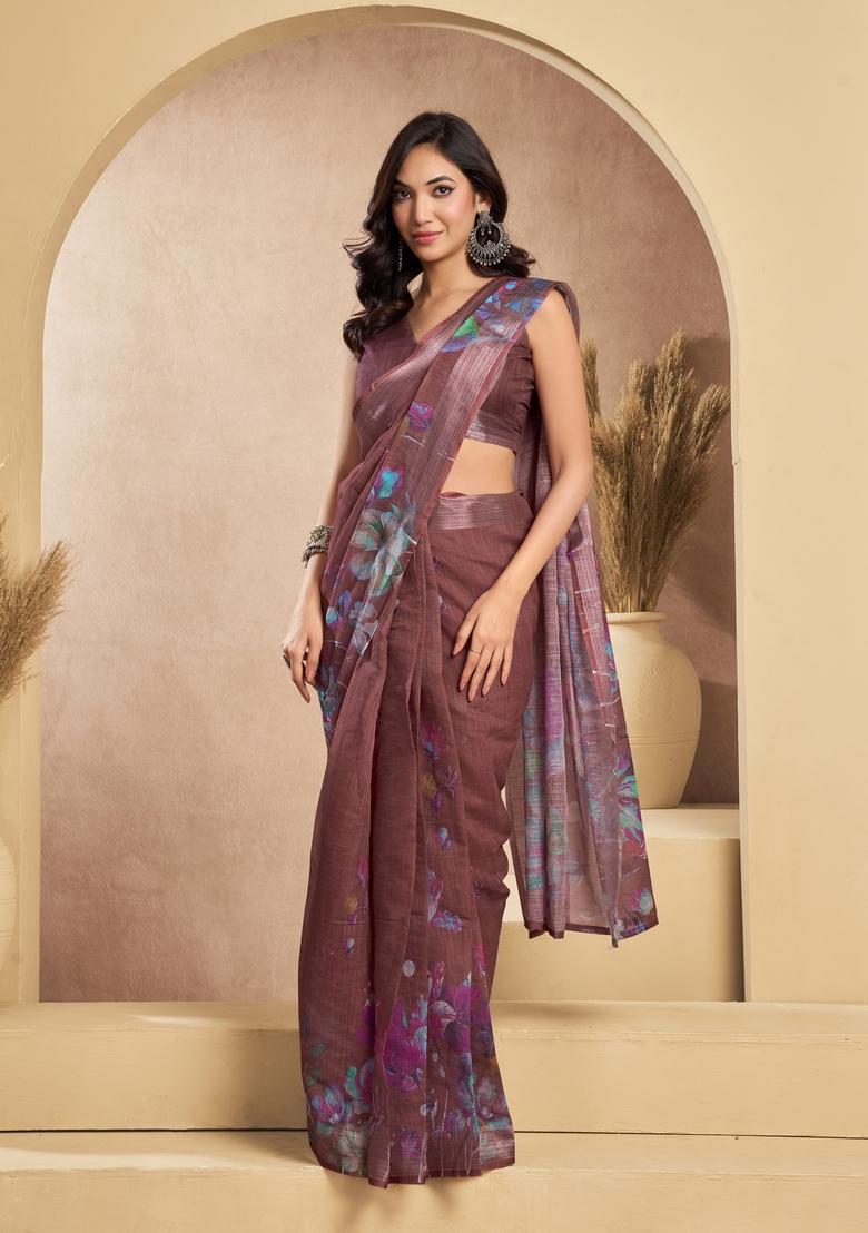 Brown Printed Linen Saree Set - Indya