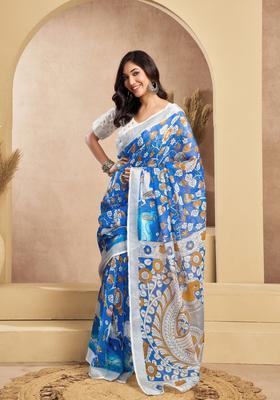 Blue Printed Linen Saree Set