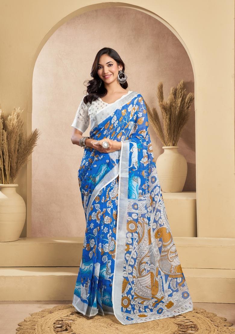 Blue Printed Linen Saree Set - Indya