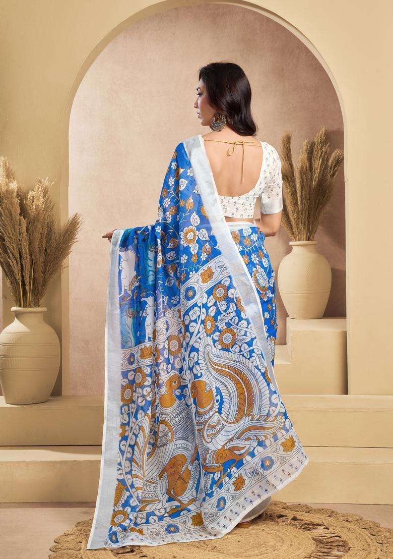 Blue Printed Linen Saree Set - Indya