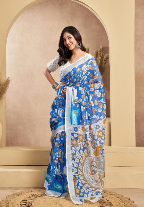 Blue Printed Linen Saree Set
