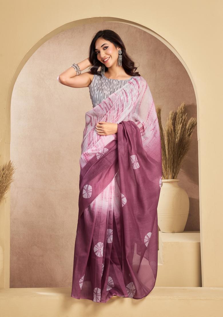Dusty Rose Printed Linen Saree Set - Indya