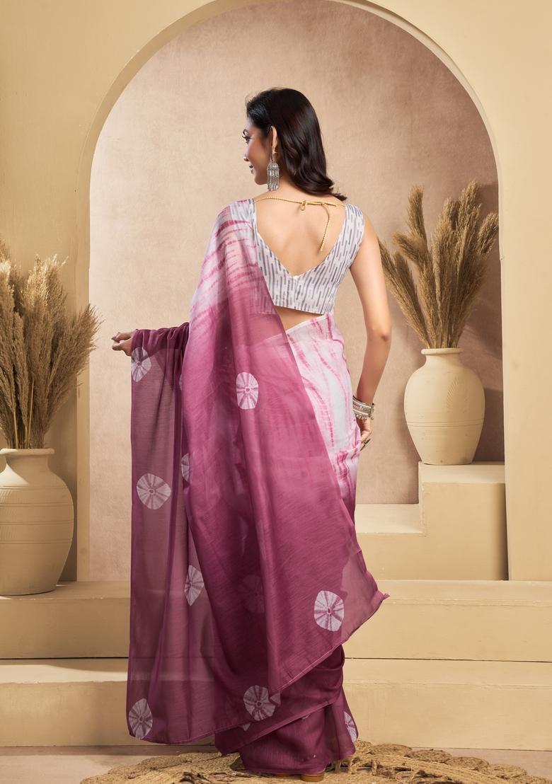 Dusty Rose Printed Linen Saree Set - Indya