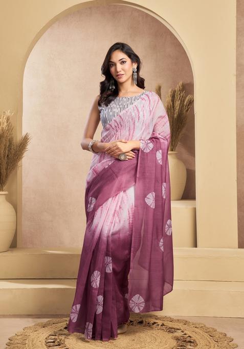 Dusty Rose Printed Linen Saree Set