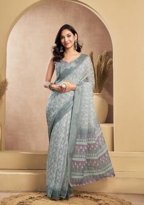 Grey Printed Linen Saree Set