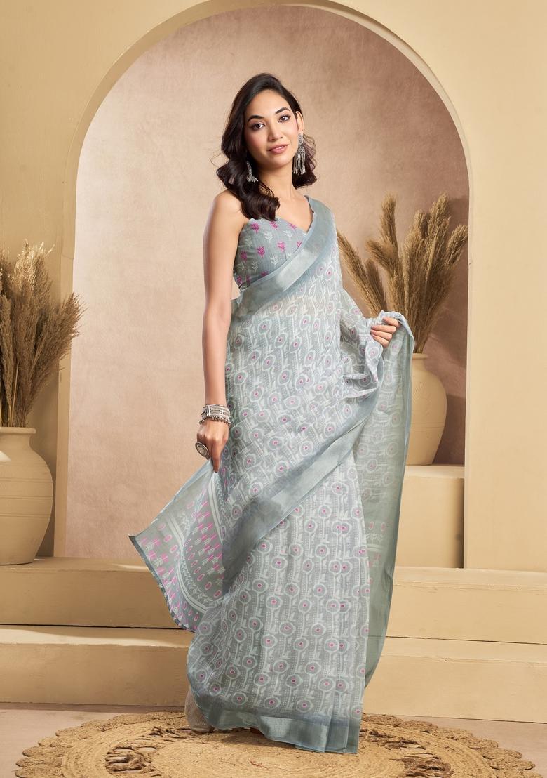 Grey Printed Linen Saree Set - Indya